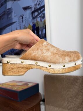 Handmade Colombian Cowhide Wooden Clogs Pony Hair Leather Mules EU 39.5